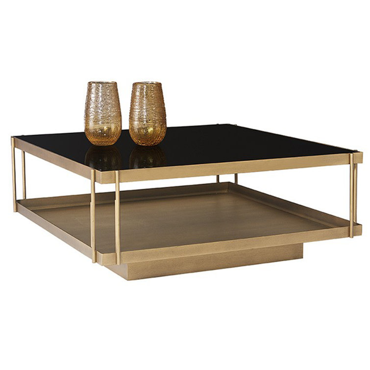 Black Glass Top Square Coffee Table with Brass Frame