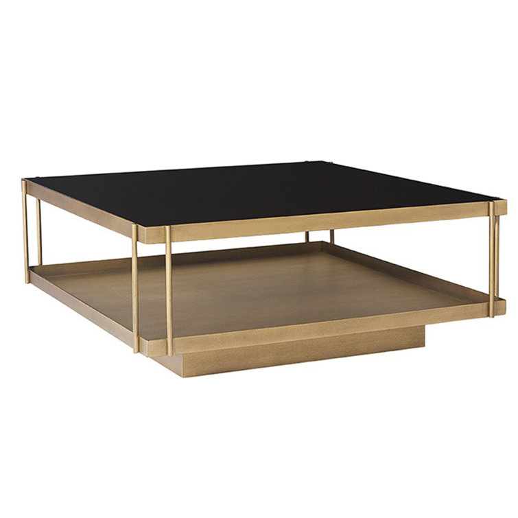 Black Glass Top Square Coffee Table with Brass Frame