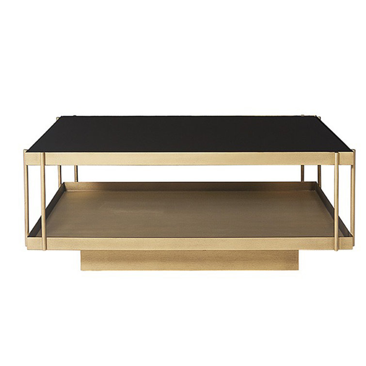 Black Glass Top Square Coffee Table with Brass Frame