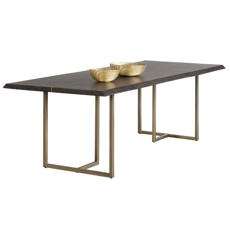 Rectangular Brown Reclaimed Wood Dining Table with Gold Frame