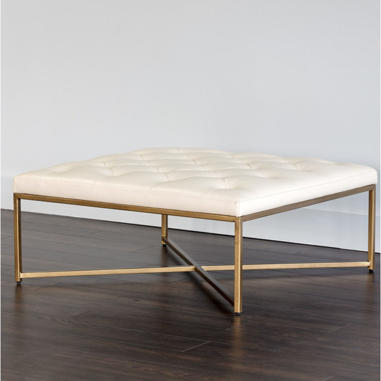 Vanilla Tufted Leather Ottoman with Brass Frame