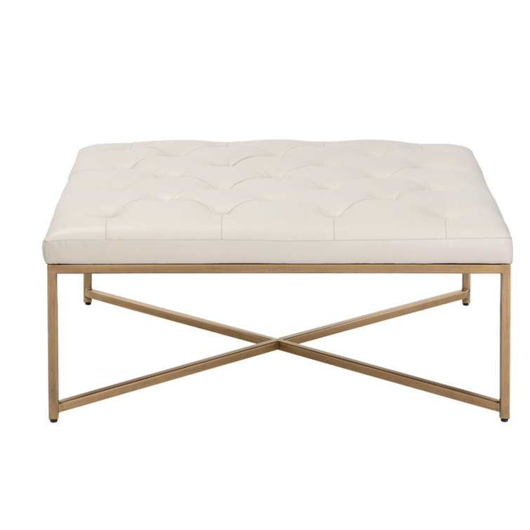 Vanilla Tufted Leather Ottoman with Brass Frame