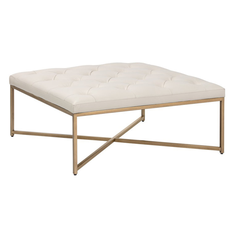 Vanilla Tufted Leather Ottoman with Brass Frame