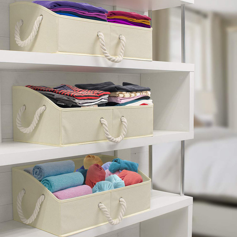 Beige Fabric Collapsible Storage Bins with Rope Handles, Set of 3