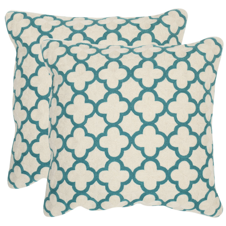 Teal and White Embroidered Square Throw Pillows, 20" Set