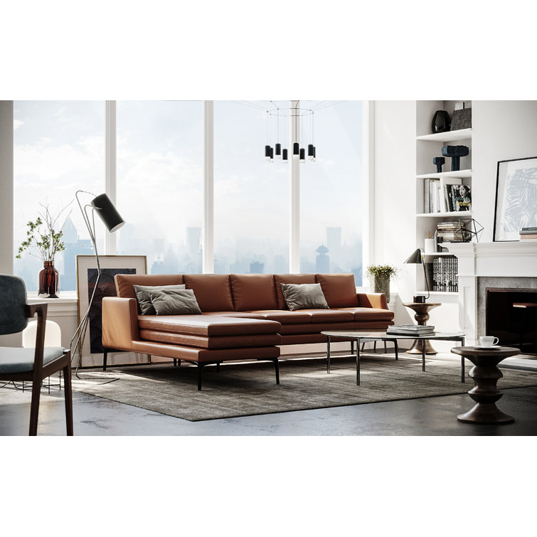 Rica Handcrafted Tan Leather Chaise Sectional with Black Metal Legs