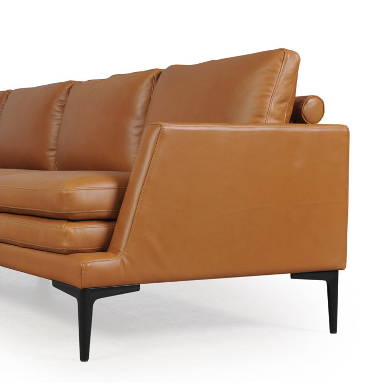 Rica Handcrafted Tan Leather Chaise Sectional with Black Metal Legs