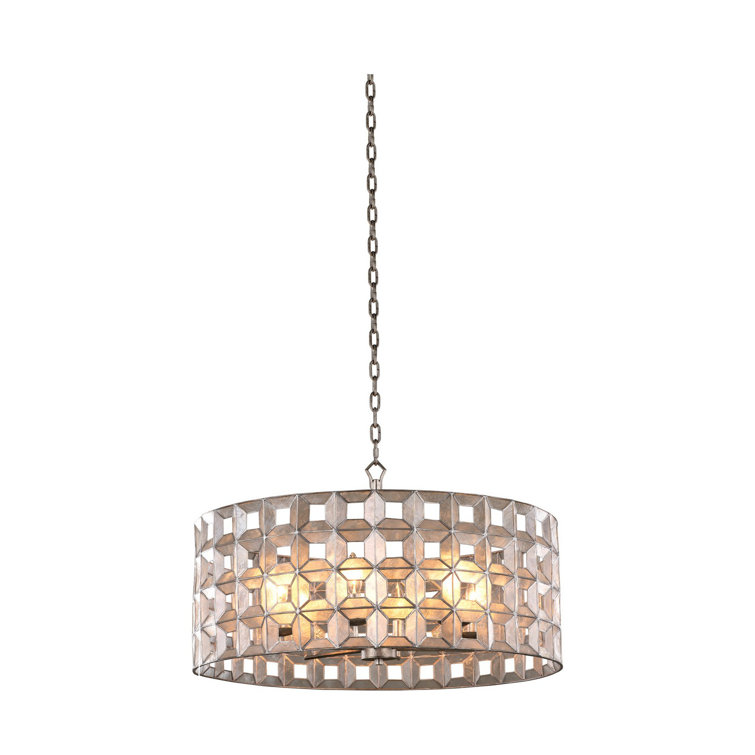 Oxidized Silver Leaf Glass Drum Chandelier, 26"