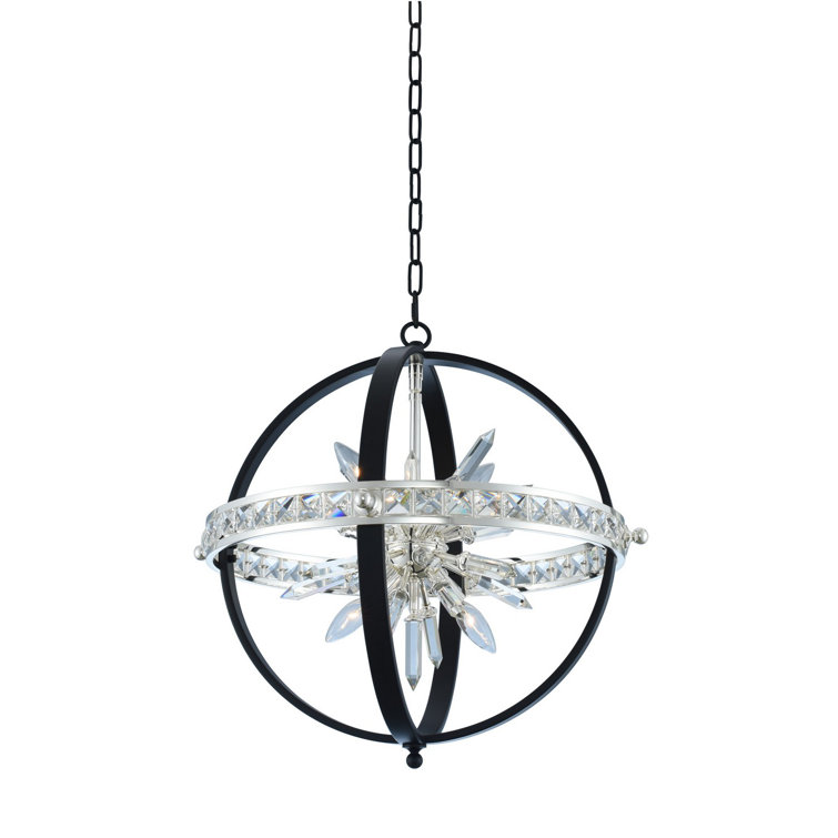 Matte Black and Silver Crystal Globe Chandelier, 23 Inches