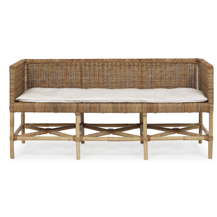 Natural Rattan Bench with Sugar Crypton Chenille Upholstery
