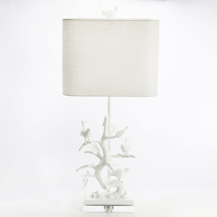 White Resin Bird Branch Table Lamp with Linen Shade