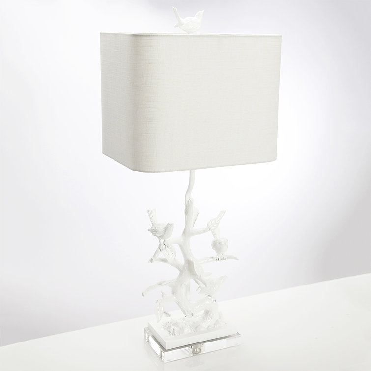White Resin Bird Branch Table Lamp with Linen Shade