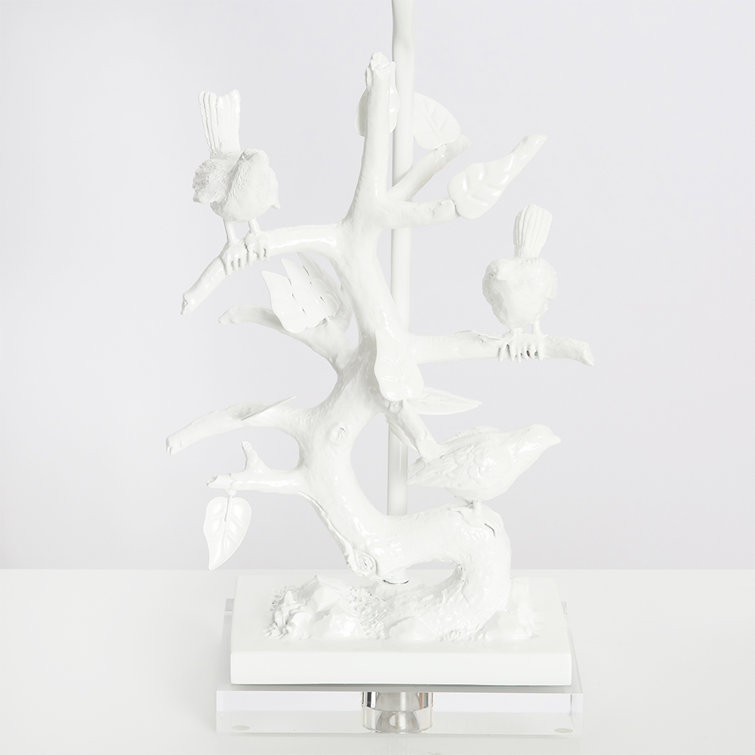White Resin Bird Branch Table Lamp with Linen Shade