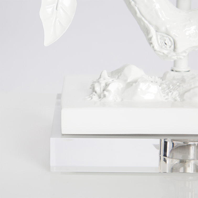 White Resin Bird Branch Table Lamp with Linen Shade
