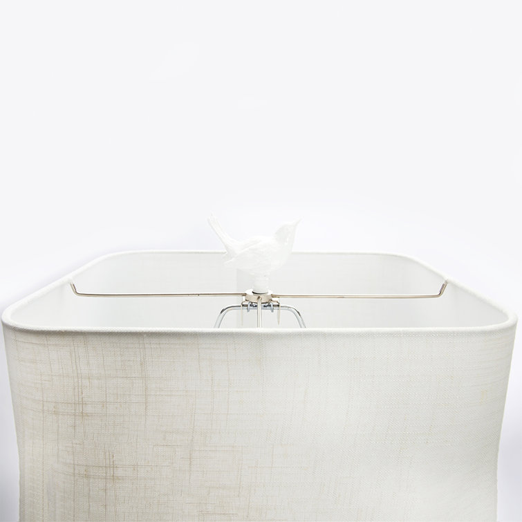 White Resin Bird Branch Table Lamp with Linen Shade
