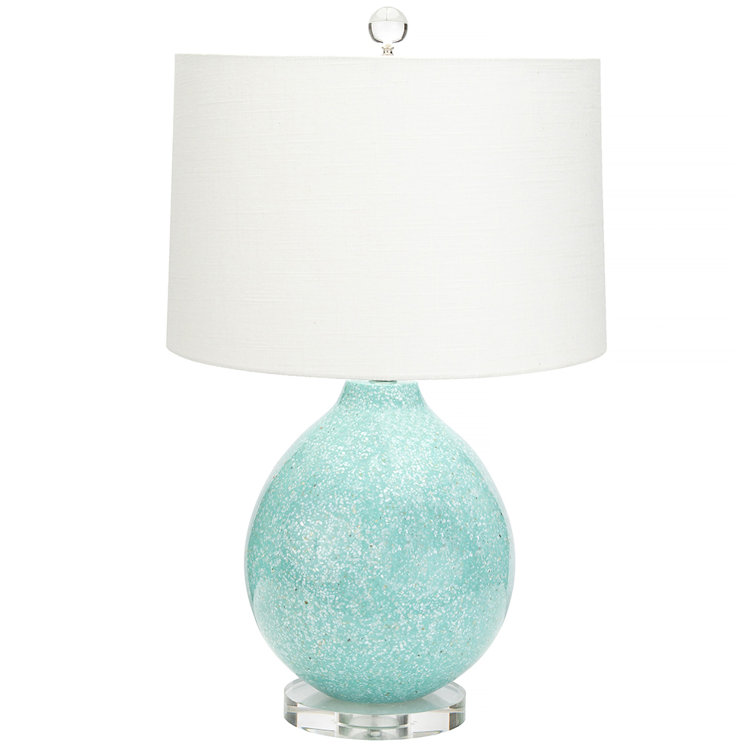 Green Mother of Pearl Sand Table Lamp with White Linen Shade
