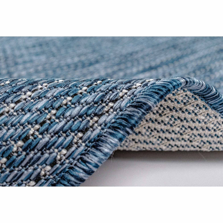 Navy Stripe Flat Woven Synthetic Square Indoor/Outdoor Rug