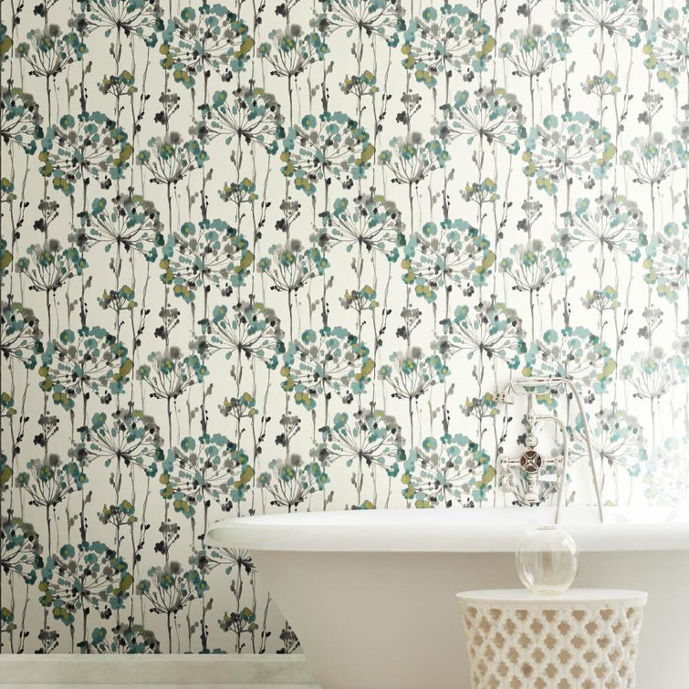Turquoise and White Floral Vinyl Wallpaper Roll
