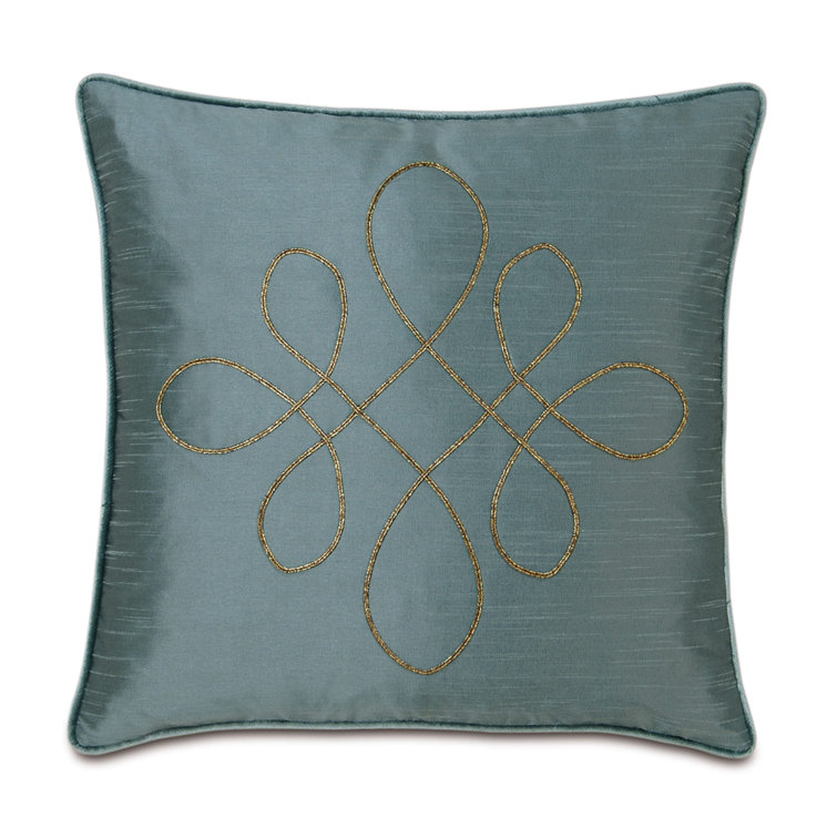 Square Blue and Gold Embroidered Polyester Throw Pillow