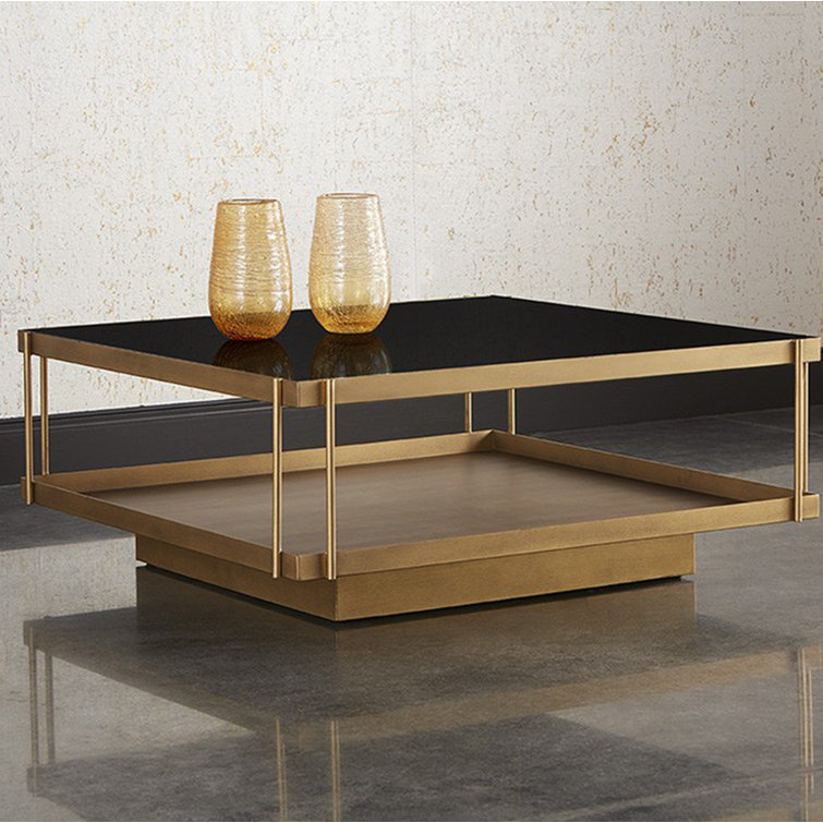 Black Glass Top Square Coffee Table with Brass Frame