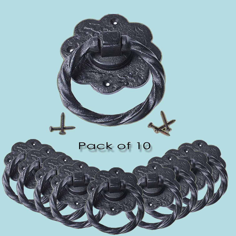 Black Wrought Iron Floral Ring Pull Handles with Mounting Hardware