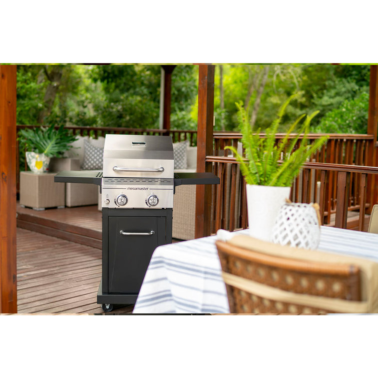 Megamaster 2-Burner Stainless Steel Propane Gas Grill with Foldable Side Tables