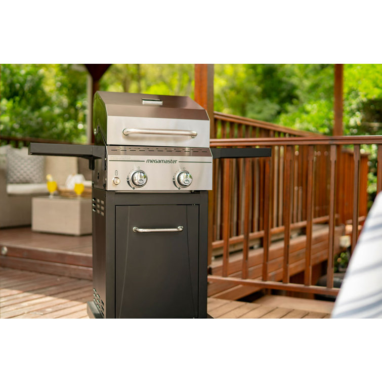 Megamaster 2-Burner Stainless Steel Propane Gas Grill with Foldable Side Tables
