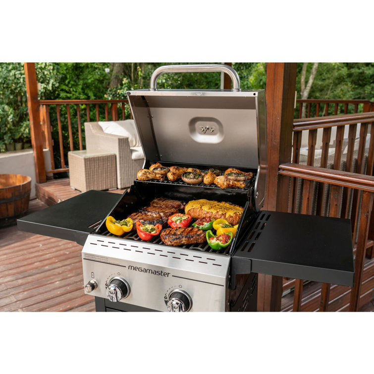 Megamaster 2-Burner Stainless Steel Propane Gas Grill with Foldable Side Tables