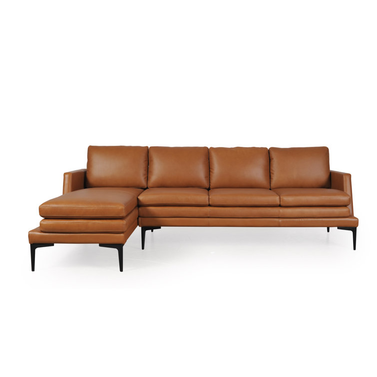 Rica Handcrafted Tan Leather Chaise Sectional with Black Metal Legs