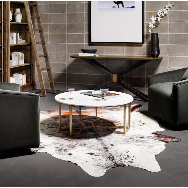 Contemporary 39" Round Marble & Wood Coffee Table with Brass Base