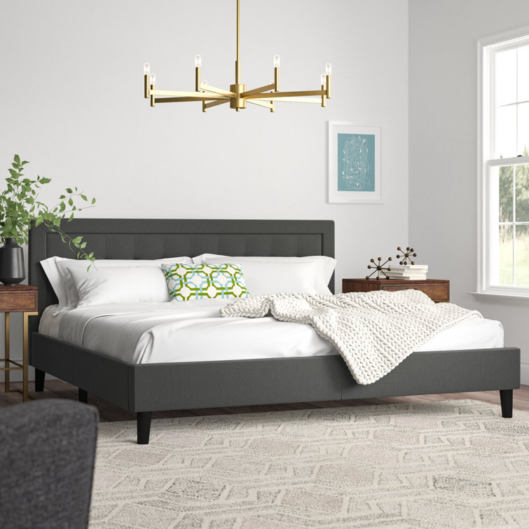 Dark Grey Queen Upholstered Platform Bed with Tufted Headboard