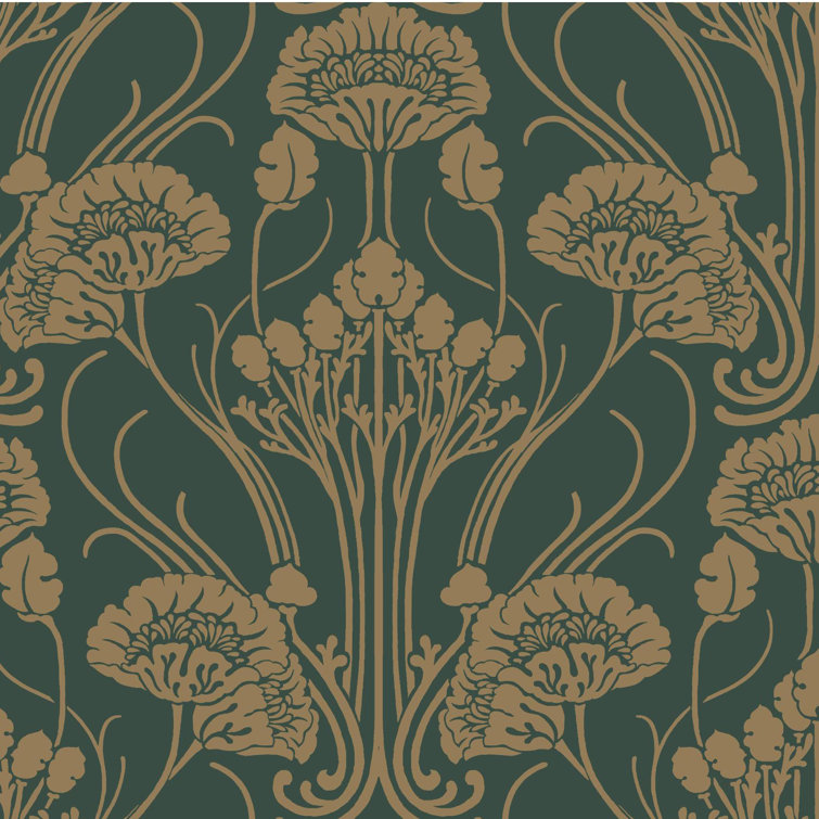 Dark Emerald and Gold Non-Woven Damask Wallpaper Roll