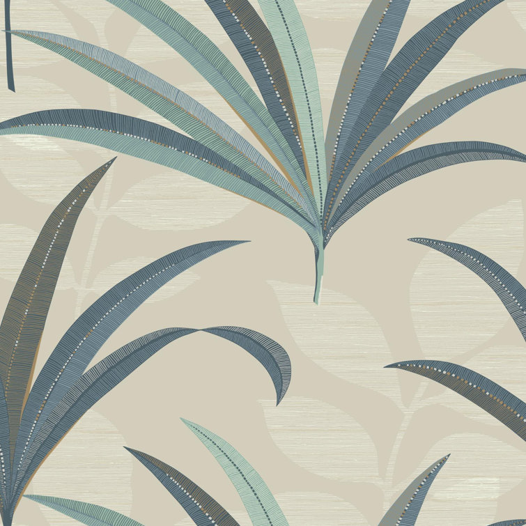 Taupe and Dark Blue Tropical Leaf Peel & Stick Wallpaper