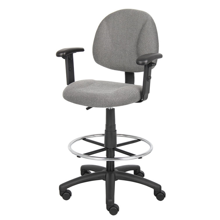 ErgoComfort Black Tweed Drafting Stool with Adjustable Arms and Chrome Footring