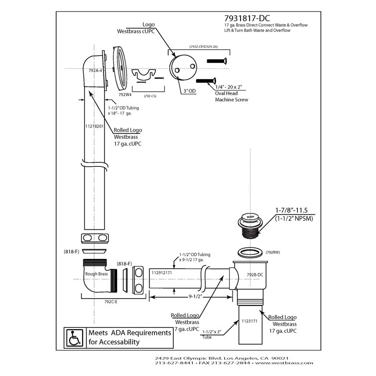 Polished Brass 23" Tip-Toe Bathtub Drain Assembly with Overflow