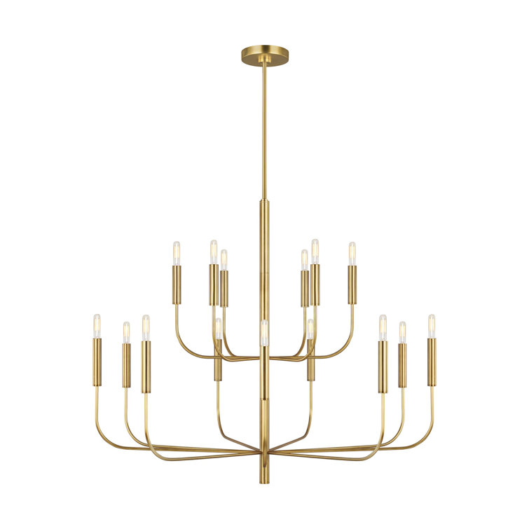 Burnished Brass 15-Light Chandelier with Linen Shades