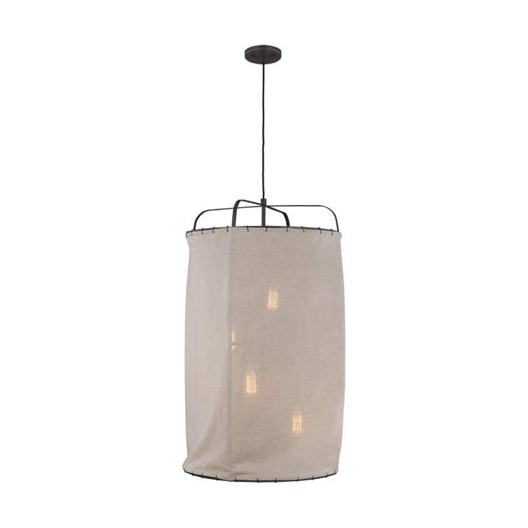 Dunne Aged Iron Drum Pendant with Natural Linen Shade