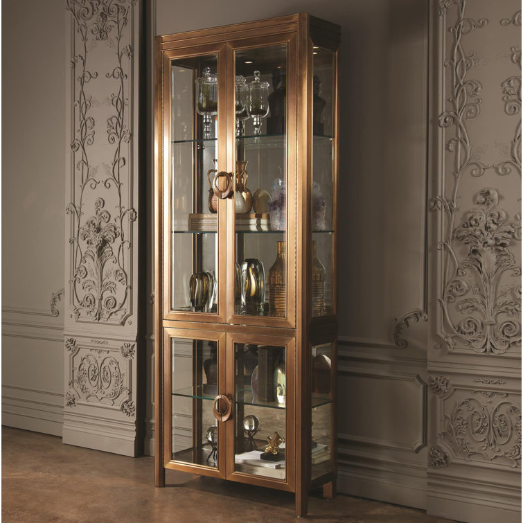 Lighted Poplar and Dark Brass China Cabinet with Glass Shelves