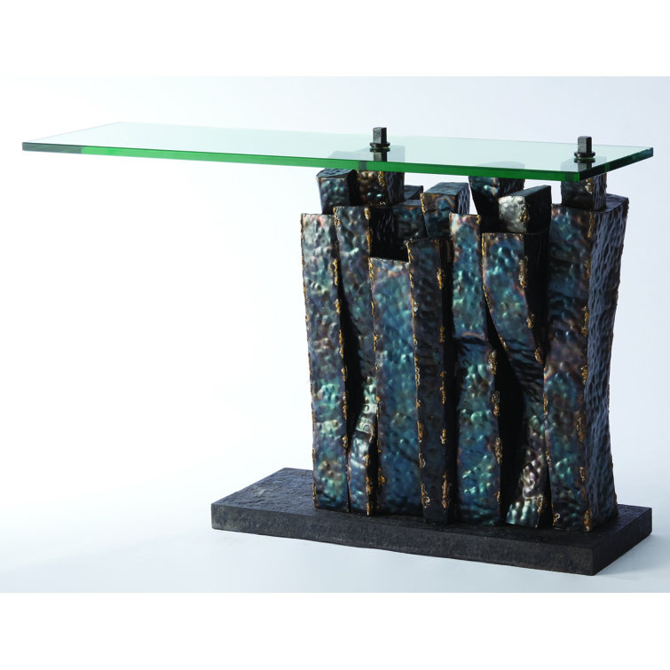 Brutalist Brass Braised Metal & Glass Console Table