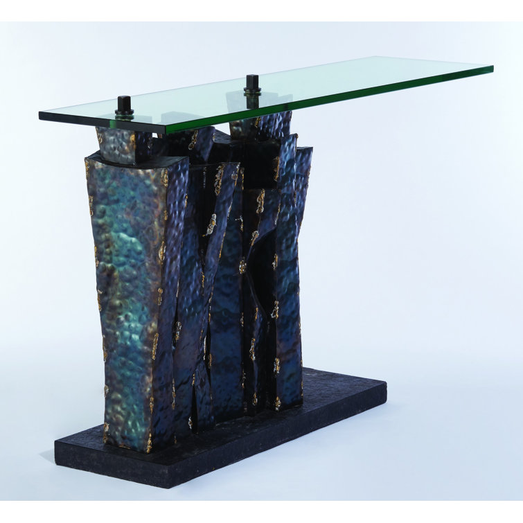 Brutalist Brass Braised Metal & Glass Console Table