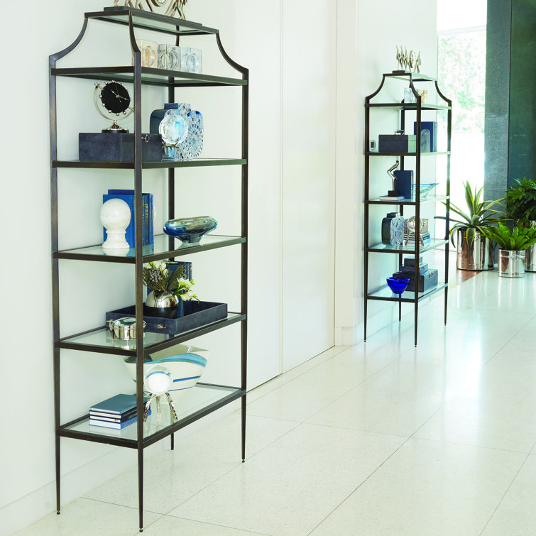 Lescot Adjustable Dark Gunmetal Bronze Etagere with Tempered Glass Shelves