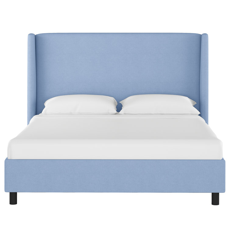 Queen Size Classic Denim Linen Upholstered Pine Wood Bed
