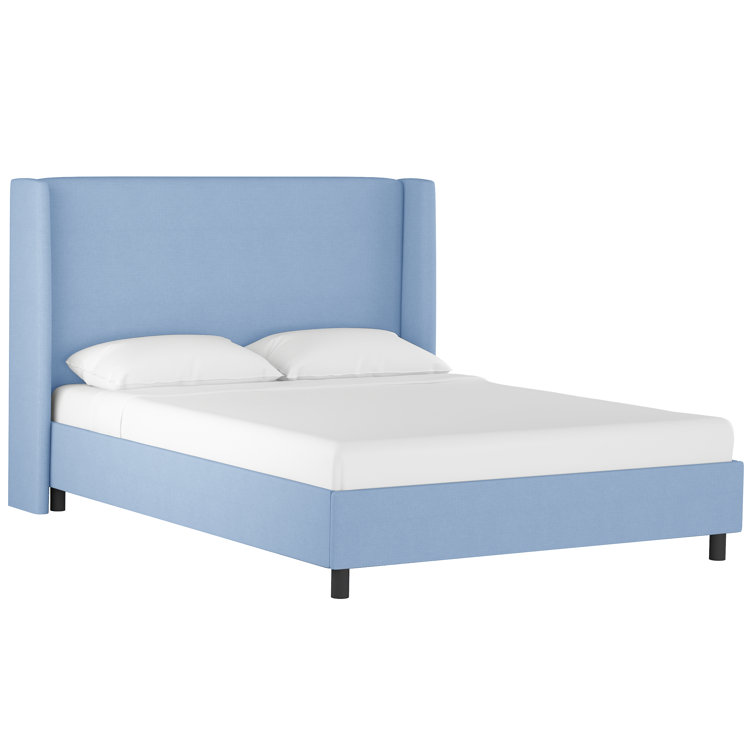 Queen Size Classic Denim Linen Upholstered Pine Wood Bed