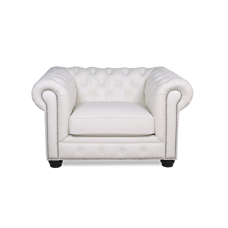 Blanco White Genuine Leather Chesterfield Chair with Rolled Arms