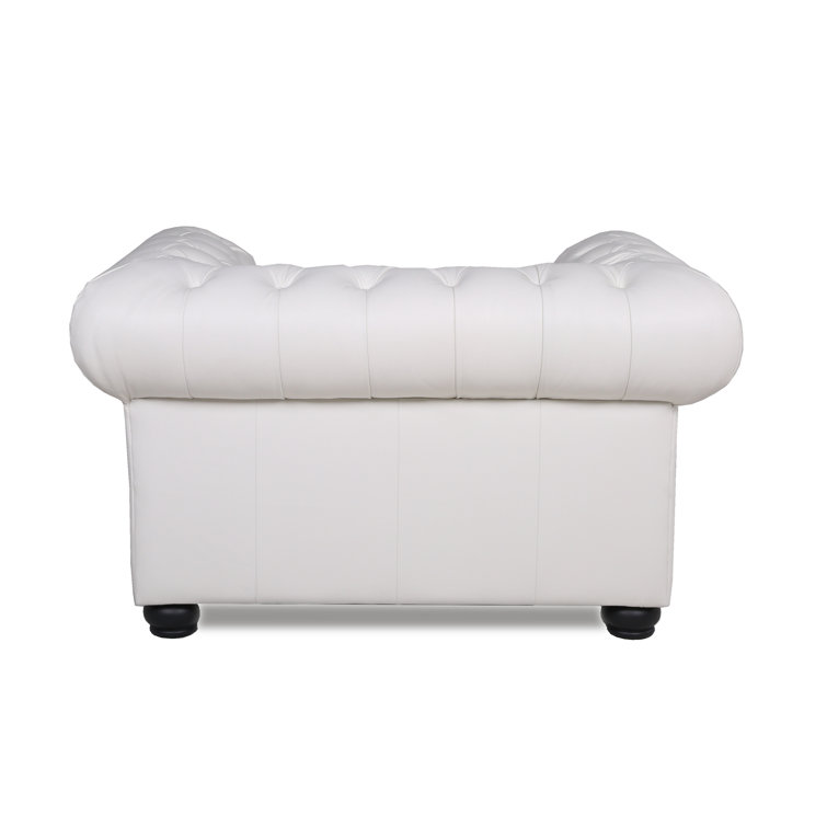 Blanco White Genuine Leather Chesterfield Chair with Rolled Arms