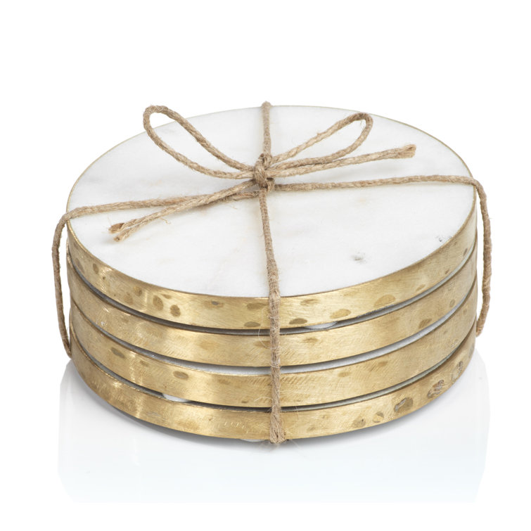 White Marble and Gold Edge Round Coaster Set, 4 Pieces