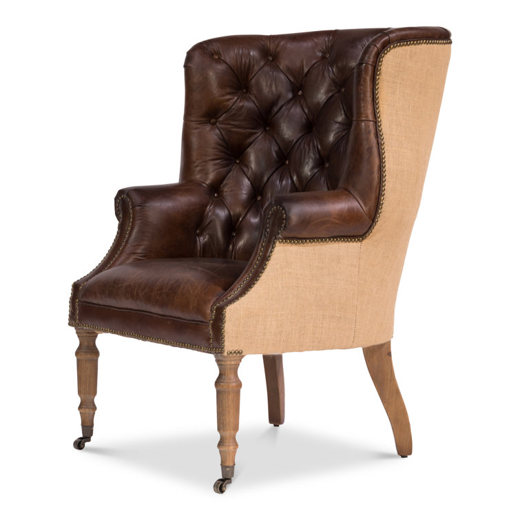 Vintage Cigar Brown Leather Tufted Arm Chair with Wood Legs