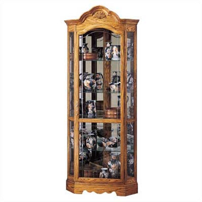 Golden Oak Lighted Corner Curio Cabinet with Glass Shelves