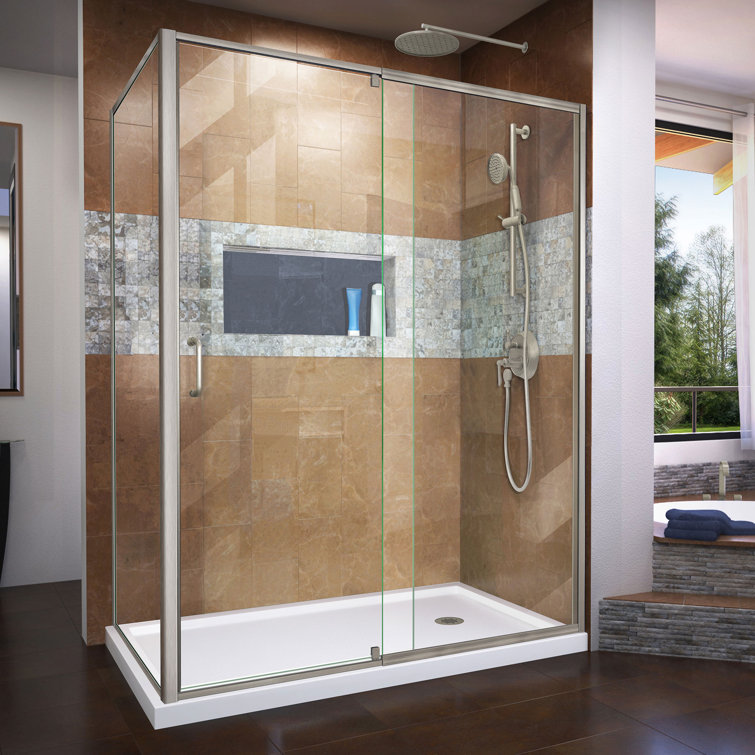 Brushed Nickel Frameless Rectangular Pivot Shower Enclosure with Clear Glass