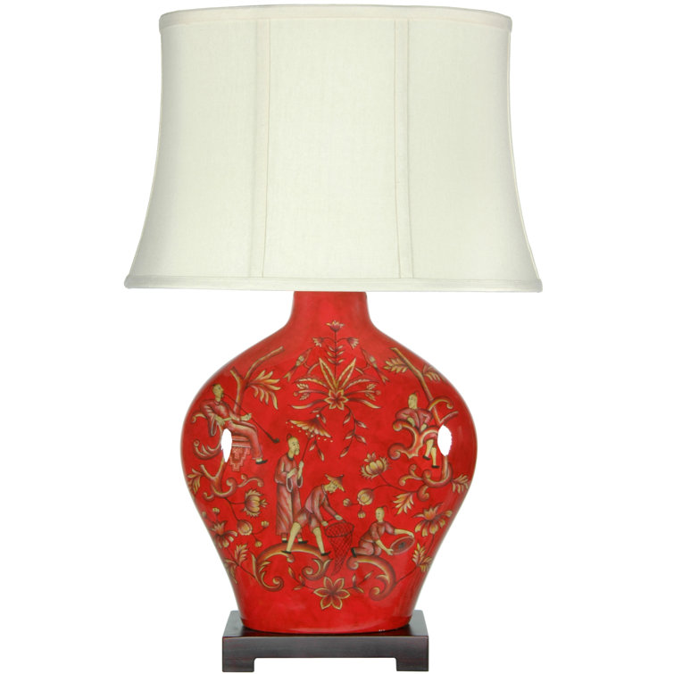 Red Porcelain Table Lamp with Off-White Shade, 27"